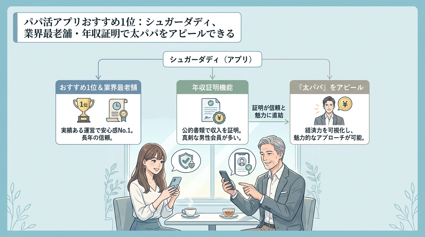 パパ活アプリおすすめ1位：シュガーダディ、業界最老舗・年収証明で太パパをアピールできる
