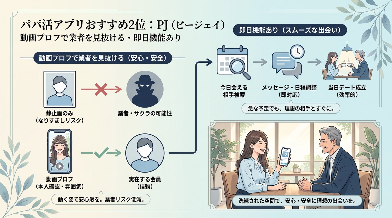パパ活アプリおすすめ2位：PJ（ピージェイ）、動画プロフで業者を見抜ける・即日機能あり